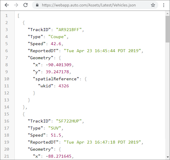 Event data organized in a JSON array